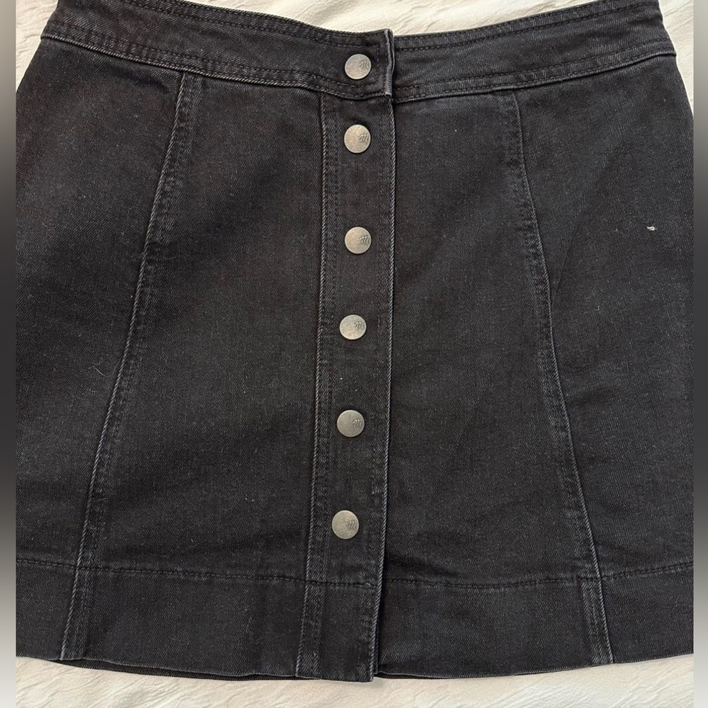 cute jean skirt, modest length, charcoal black color